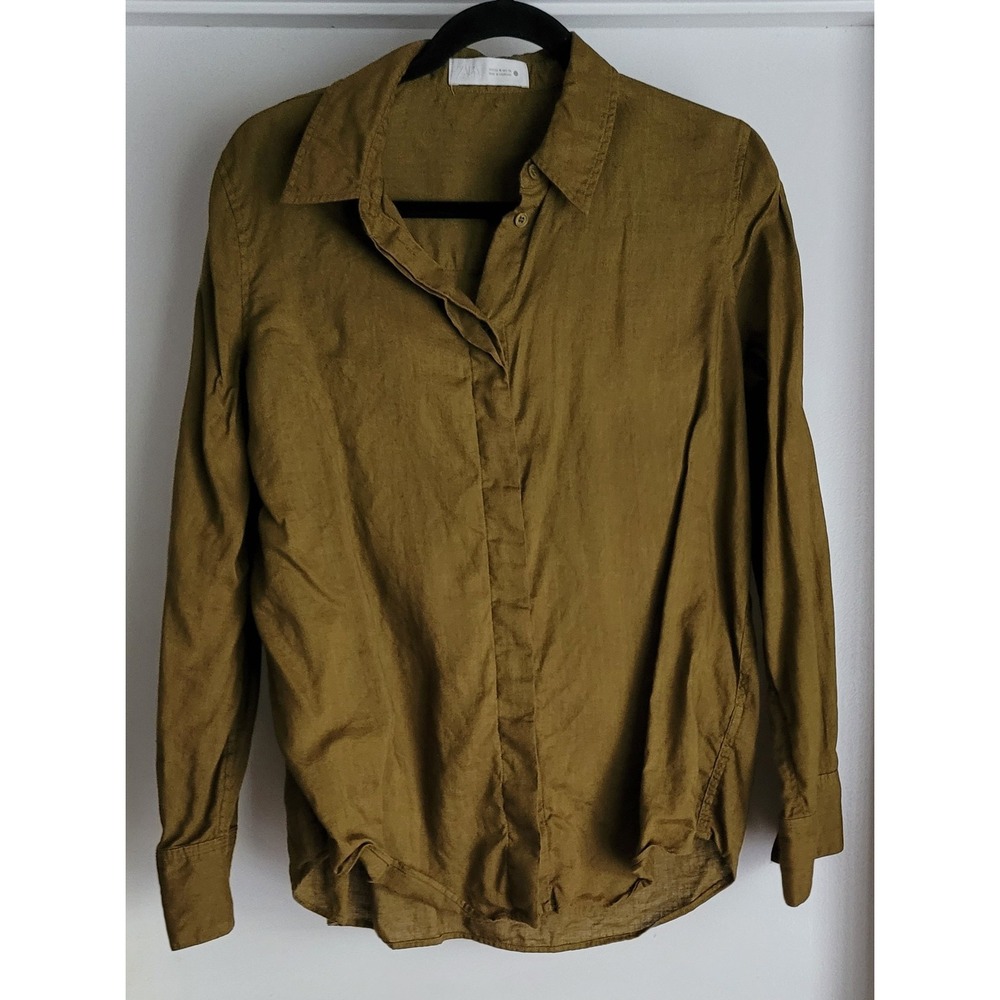 Zara Linen Button-Down Shirt Women M Olive Green Solid Collared Long Sleeve